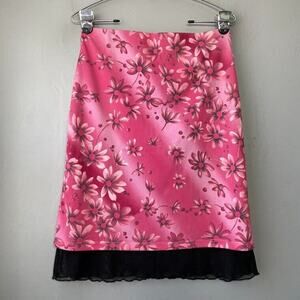 Pink Y2K Skirt Size Medium Large Floral Mesh Knit Romantic Coquette Fairy Grunge